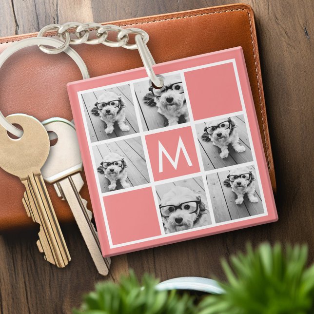 Coral and White Photo Collage Custom Monogram Keychain (Personalized keychain with photo collage and monogram)