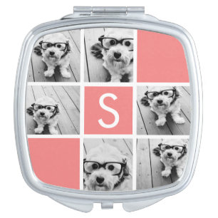 Coral and White Photo Collage Custom Monogram Vanity Mirror