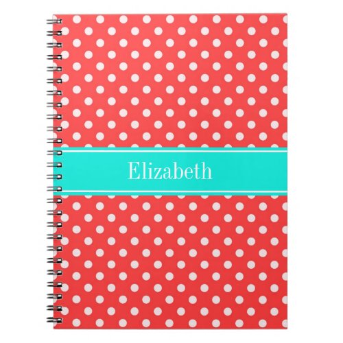 Coral and White Polka Dots Brt Aqua Name Monogram Notebook