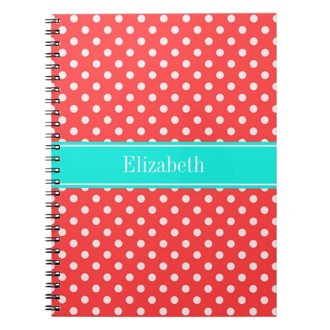 Coral and White Polka Dots Brt Aqua Name Monogram Notebook (Front)