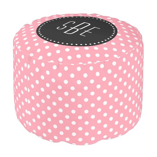 Coral and white polka dots with black monogram pouf