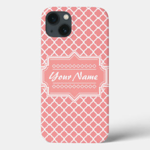 Coral and White Quatrefoil Lattice Personalized iPhone 13 Case