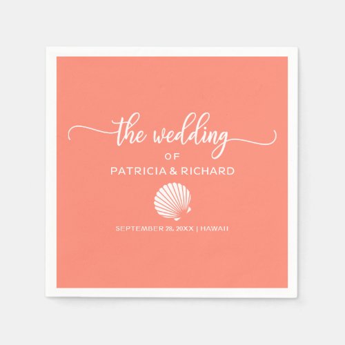 Coral and White Seashell Beach Wedding Napkins