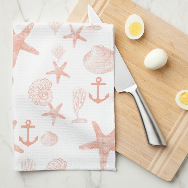 Coral and White Seashell Kitchen Towel (Quarter Fold)