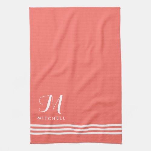Coral and White Sophisticated Stripes and Monogram Kitchen Towel