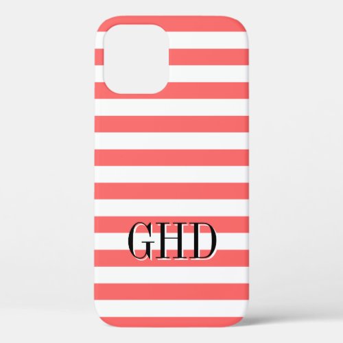 Coral and white striped monogram iPhone 12 case