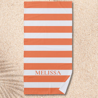 Coral And White Striped Name Cabana Stripe Beach Towel