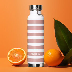 Coral and White Striped Pattern Custom Name Water Bottle