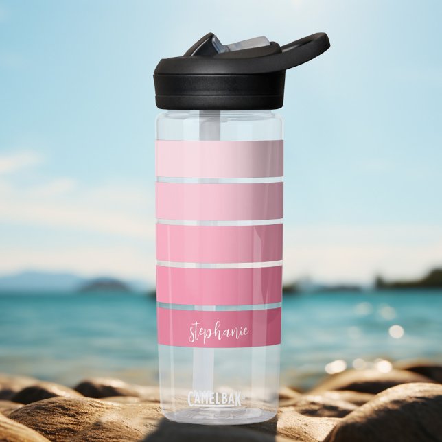 Coral and White Striped Pattern Custom Script Name Water Bottle (Personalized water bottle with retro stripes and your name)