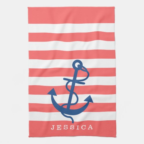 Coral And White Stripes Blue Nautical Anchor 2 Towel