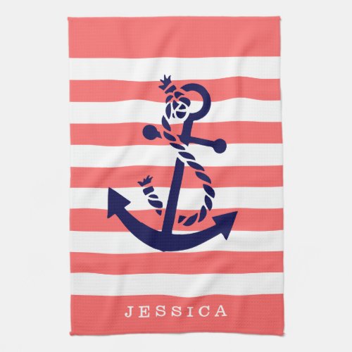 Coral And White Stripes Blue Nautical Anchor Towel