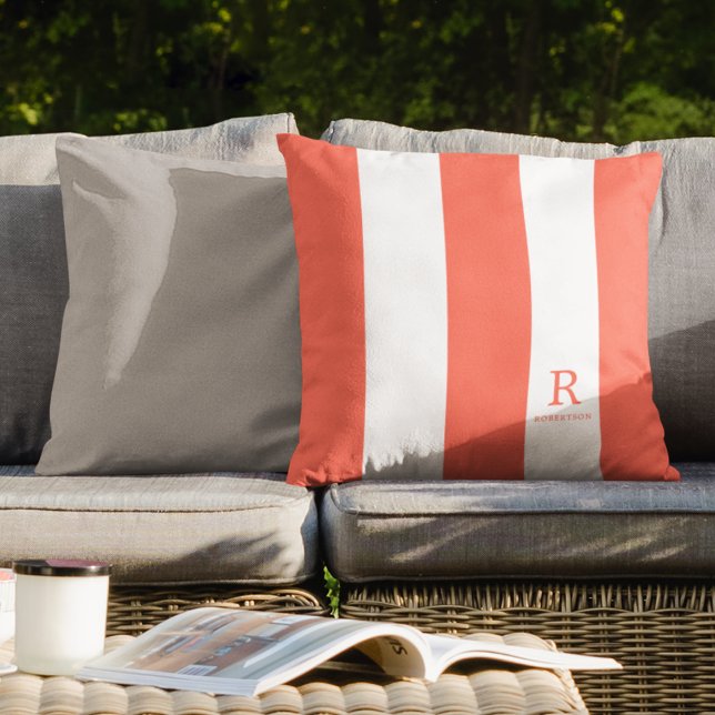 Coral and White Stripes Monogram Summer Outdoor Throw Pillow (Creator Uploaded)