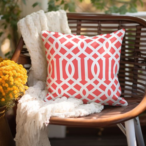 Coral and White Trellis  Editable Colors Throw Pillow