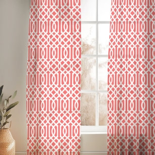 Coral and White Trellis Pattern Sheer Curtains