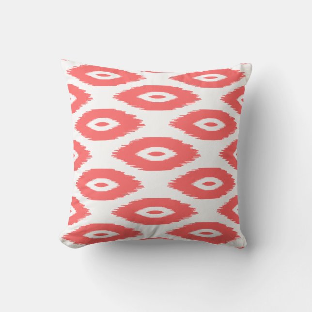Coral and White Tribal Ikat Dots Throw Pillow (Front)