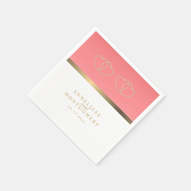 Coral and White with Gold Hearts Paper Napkins (Corner)