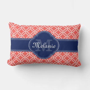 Coral and Wht Moroccan Pattern Navy Monogram Lumbar Pillow