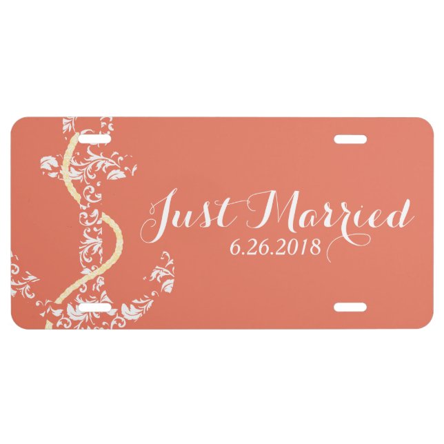 Coral and Yellow Anchor Beach Wedding License Plate (Front)