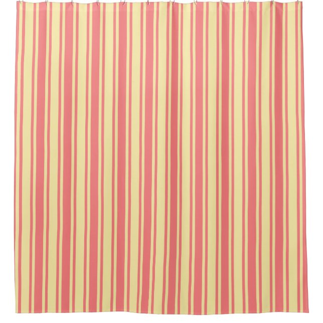 Coral and yellow candy stripes shower curtain (Front)