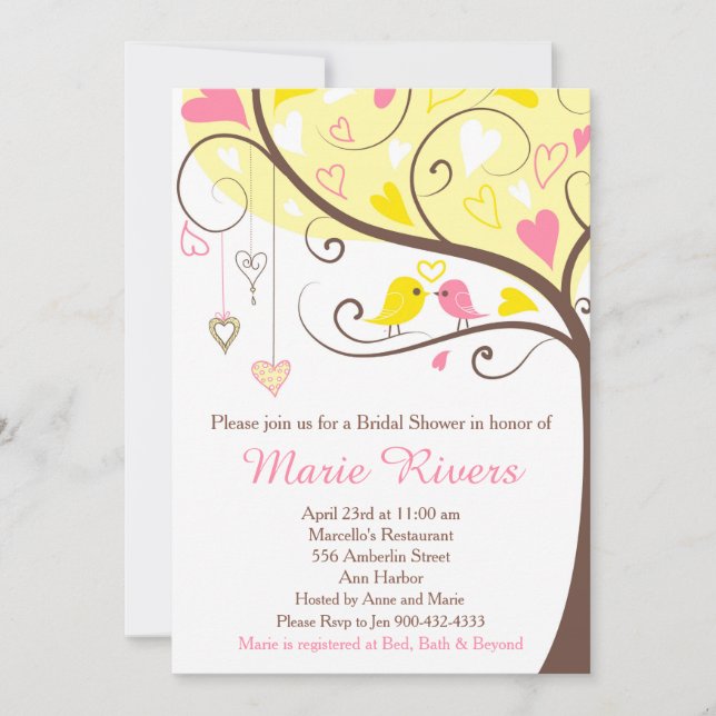 Coral and Yellow Floral Bird Bridal Shower Invitation (Front)
