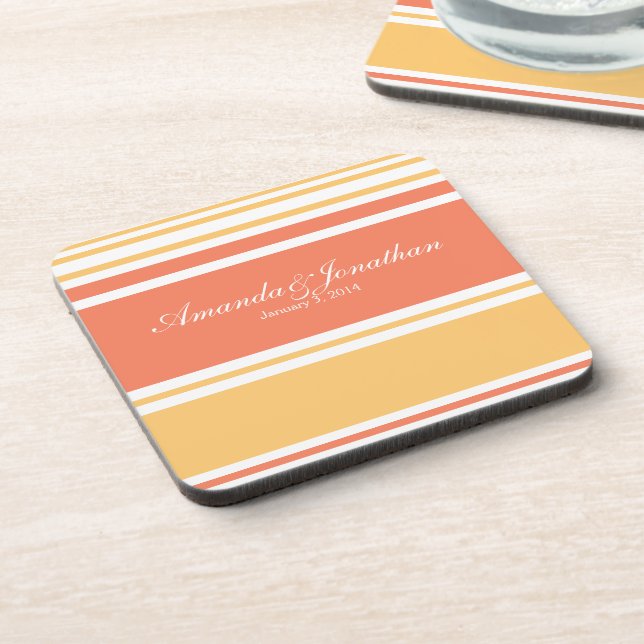 Coral and Yellow Modern Stripes Wedding Beverage Coaster (Left Side)