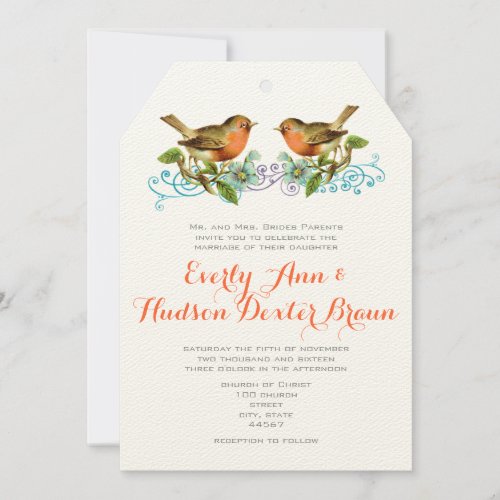 Coral Apple Aqua Vintage Birds Wedding Invitation