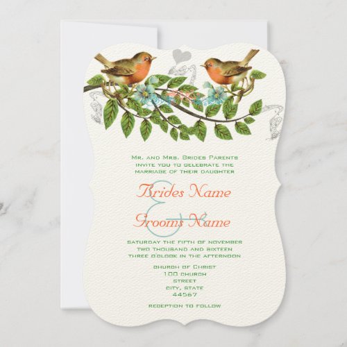 Coral Apple Aqua Vintage Birds Wedding Invitation