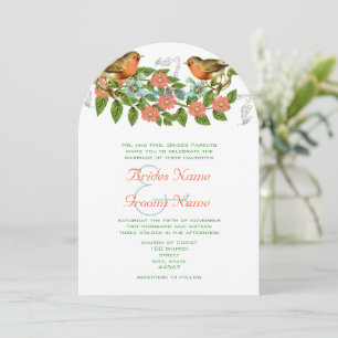 Coral Apple Aqua Vintage Birds Wedding Invitation
