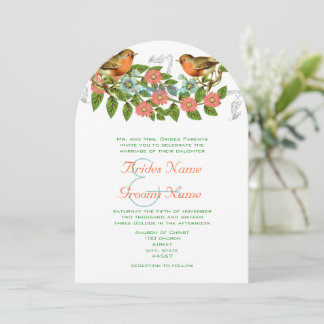 Coral Apple Aqua Vintage Birds Wedding Invitation