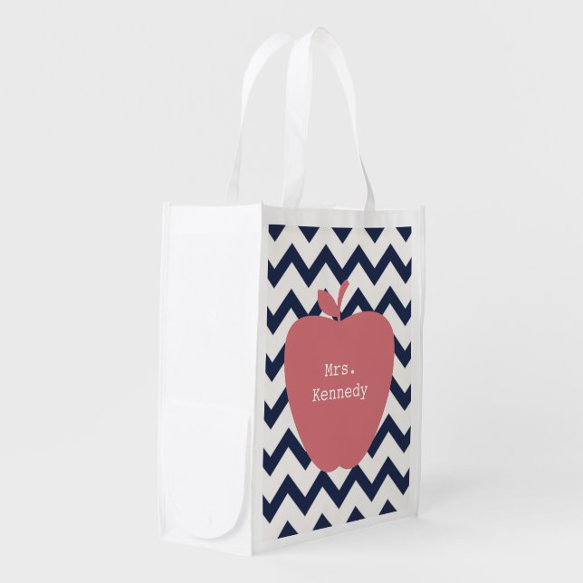 Coral Apple Navy Chevron Teacher Grocery Bag (Front Side)