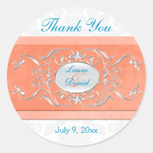 Coral Aqua and Gray 15 Round Thank You Sticker