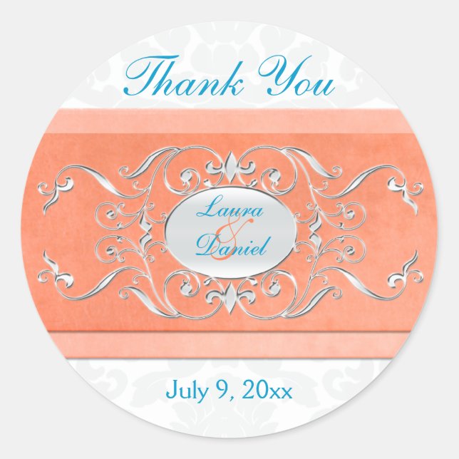 Coral, Aqua, and Gray 1.5" Round Thank You Sticker (Front)