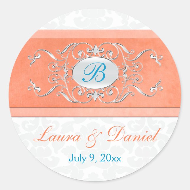 Coral, Aqua, and Gray 1.5" Round Wedding Sticker (Front)
