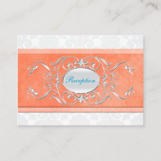 Customizable Coral, Aqua, and Gray Damask Enclosure Card Business Card Template