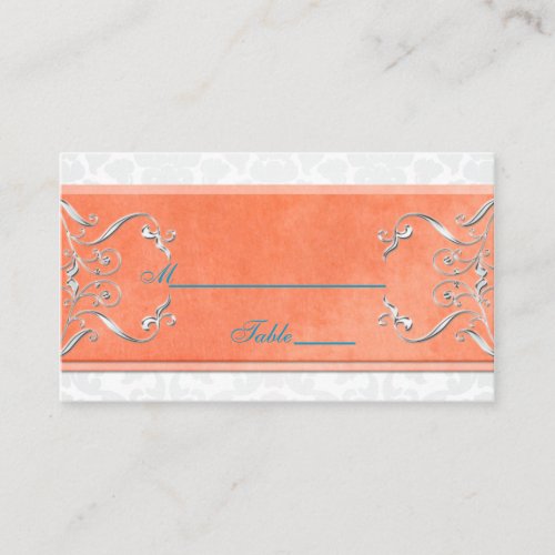 Coral, Aqua, and Gray Damask Placecards Business Cards