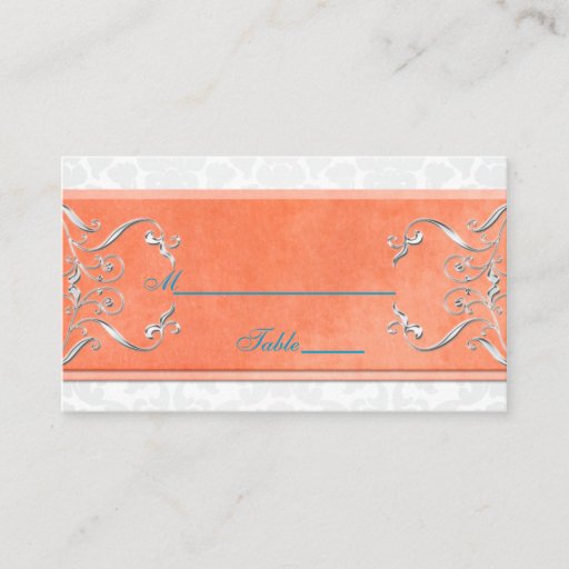 Customizable Coral, Aqua, and Gray Damask Placecards Business Cards