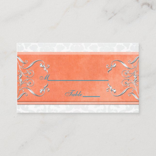 Coral, Aqua, and Gray Damask Placecards (Front)