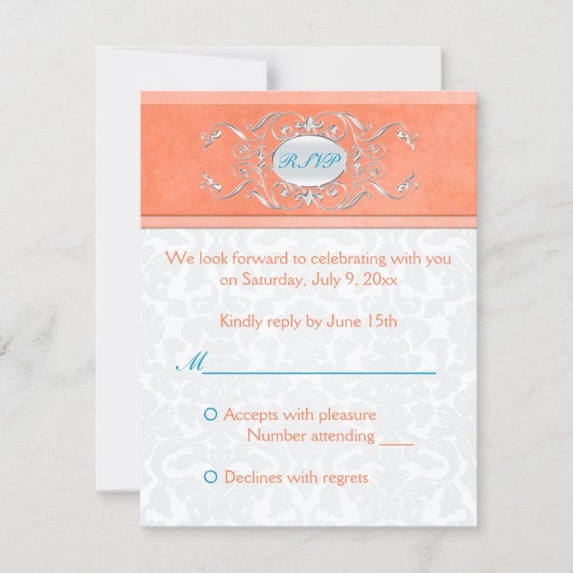 Coral, Aqua, and Gray Damask Reply Card (Front)