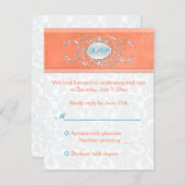 Coral, Aqua, and Gray Damask Reply Card (Front/Back)
