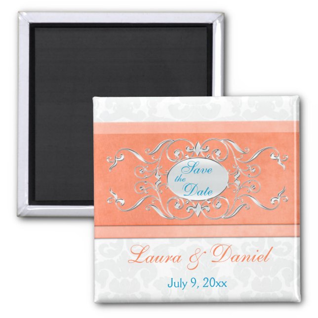 Coral, Aqua, and Gray Damask Save the Date Magnet (Front)