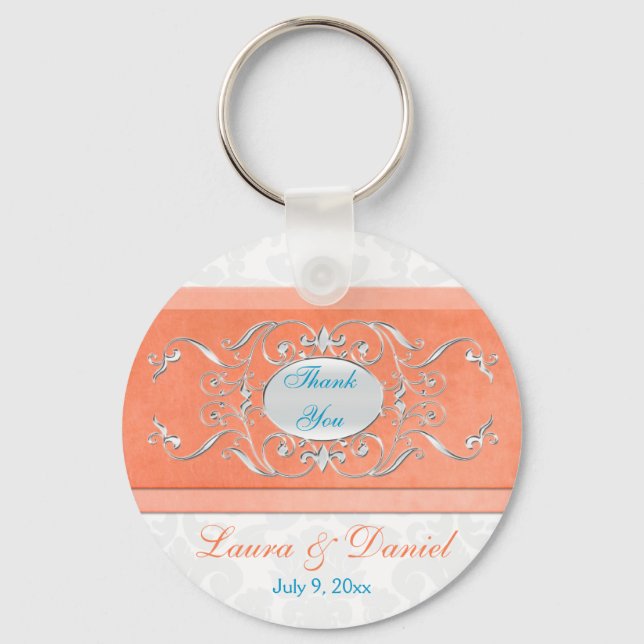 Coral, Aqua, and Gray Damask Wedding Favor Keychain (Front)