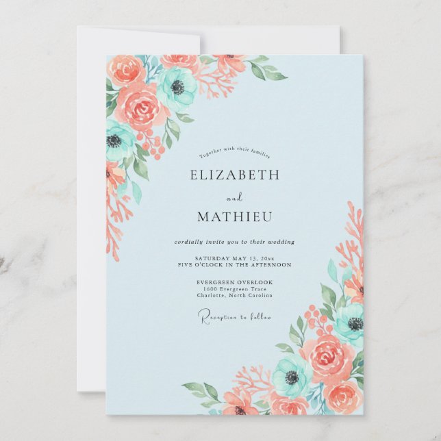 Coral Aqua Anemone Wedding Invitation (Front)