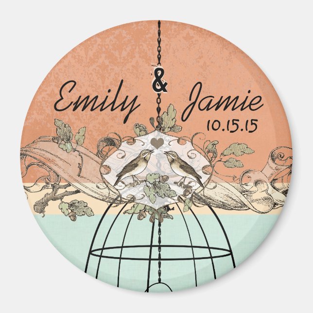 Coral & Aqua Bird Cage Wedding Scroll Magnet (Front)