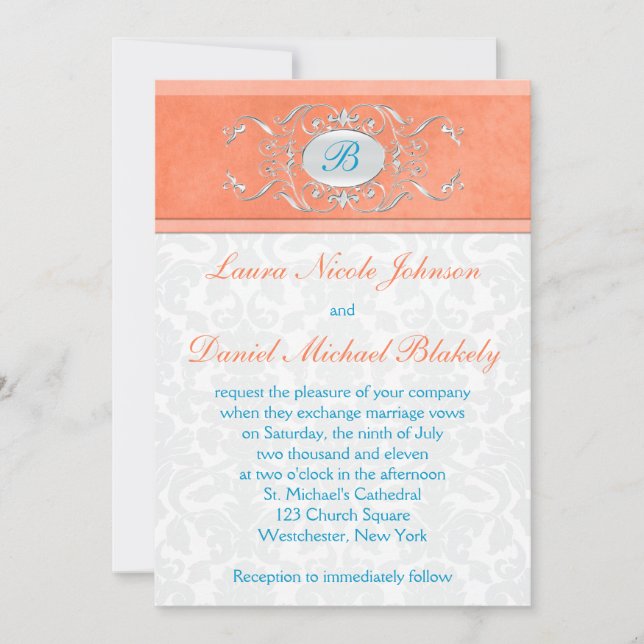 Coral, Aqua Blue, Gray Damask Monogram Invite (Front)