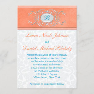 Coral, Aqua Blue, Gray Damask Monogram Invite