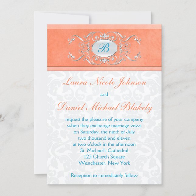 Coral, Aqua Blue, Gray Damask Monogram Invite (Front)