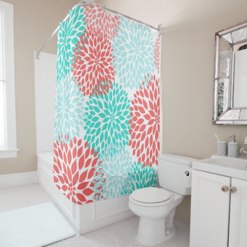 Coral Aqua Floral Dahlia Floral Shower Curtain