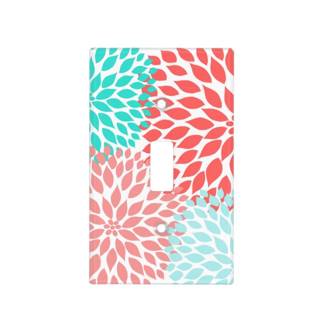 Coral Aqua Floral Dahlias Light Switch Cover (Front)