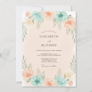 Coral Aqua Foliage Eucalyptus Wedding Invitation