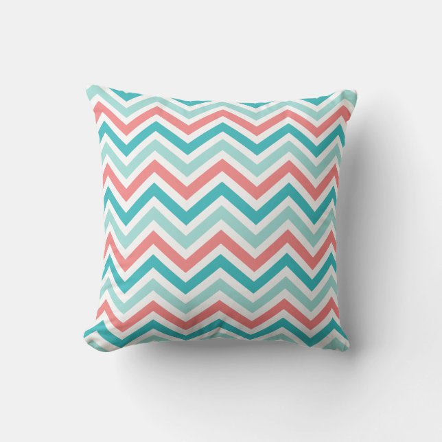 Coral Aqua Mint Chevron Stripes Throw Pillow (Front)